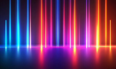 Fondo abstracto con rayos de neón de colores y rayas de luz sobre un fondo negro, creando un efecto de líneas láser brillantes. Ilustración digital de una explosión de resplandor rojo, azul, violeta y