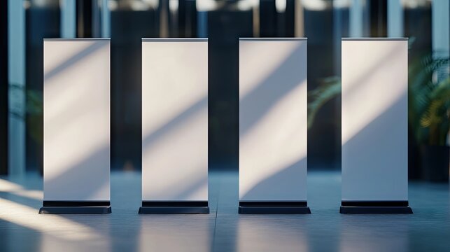 Close-up view of four blank roll-up banners ready for customization, ideal for events or promotions. The roll-up banners offer ample space for personalized designs and messaging.