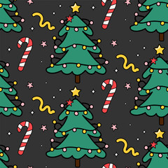 Merry Christmas groovy seamless pattern. Xmas tree, candy, star in a groovy retro cartoon style. Vector illustration for textile, packaging, wallpaper, wrapping paper