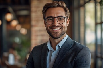 Fototapeta premium Happy Businessman in Glasses Portrait - Casual Leadership