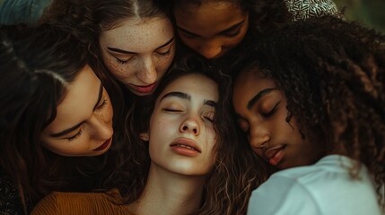 Fototapeta premium A group of friends gathered around someone who is upset, offering emotional support and comfort