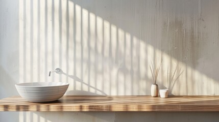 Wooden table surface on hazy bathroom backdrop, essential for visual arrangement