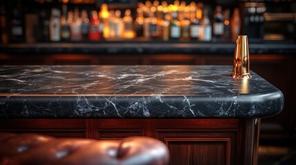 Obraz premium Empty bar counter with a cocktail shaker in a dimly lit bar.