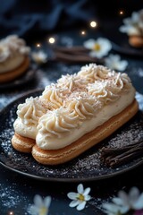 Eclairs with vanilla flowers and whipped cream on a black background