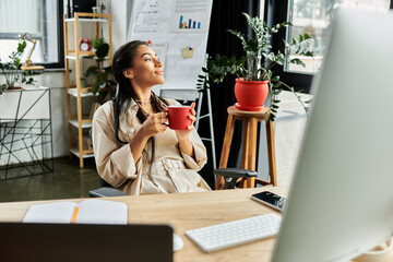 A young woman sits comfortably in her office, savoring a warm cup of coffee and contemplating.