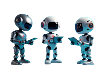 Collection of Ai robot using tablet isolate on white transparency background PNG