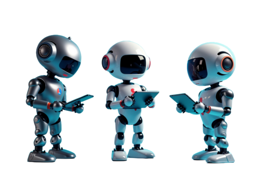 Collection of Ai robot using tablet isolate on white transparency background PNG