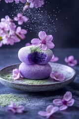 violet Mochi with sakura flowers  on a dark background, japanese dessert 