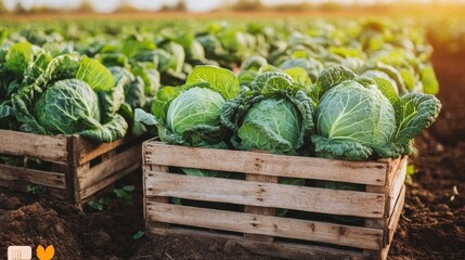 Freshly Harvested Cabbages in Wooden Crates, Organic Farm at Sunset, Agriculture Background