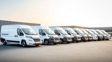 Row of white cargo vans parked in an industrial area, under a clear sky. The vehicles are aligned neatly, suggesting a commercial fleet ready for delivery services.