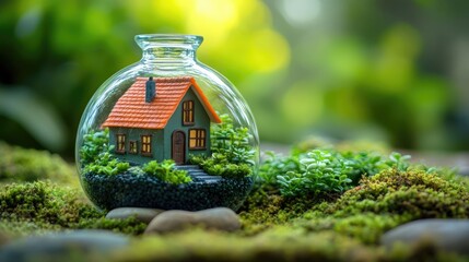 Cozy terrarium with a miniature house creates a warm atmosphere, perfect for a nature greenhouse concept. Ideal home design background with ample space for text.