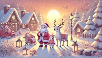 Naklejka premium A Magical Winter Evening with Santa and His Reindeer by the Setting Sun