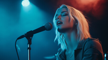  W studiu nagraniowym, blond piosenkarka z uśmiechem na twarzy śpiewa z pełnym zaangażowaniem do mikrofonu. 