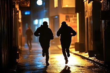 Two men are running away in a dark alley at night, with a blurry figure in the background, creating a suspenseful and mysterious atmosphere