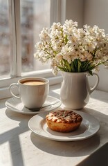 A cup of coffee, fresh bakery, white flowers bouquet on a table. Celebrating of spring and 8 March. Simple light festive card. Good morning calm vibe. Breakfast at home. Mental health. Window view.	