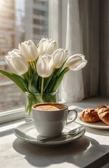 A cup of coffee, fresh bakery, white tulips bouquet on a table. Celebrating of spring and 8 March. Simple light festive card. Good morning calm vibe. Breakfast at home. Mental health. Window view.	