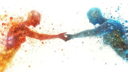 Fototapeta premium a couple with ethereal energy flowing between them, surrounded by abstract shapes and patterns symbolizing quantum mechanics.