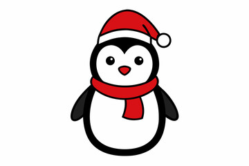  Vector Outline of A cute Penguin wearing a Santa clause hat and scarf on white background.