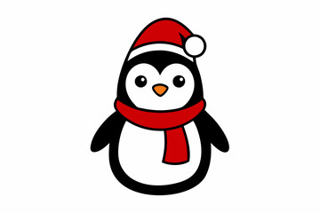  Vector Outline of A cute Penguin wearing a Santa clause hat and scarf on white background.