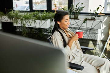 A cheerful young woman sips her drink, immersed in thought in a contemporary office setting.