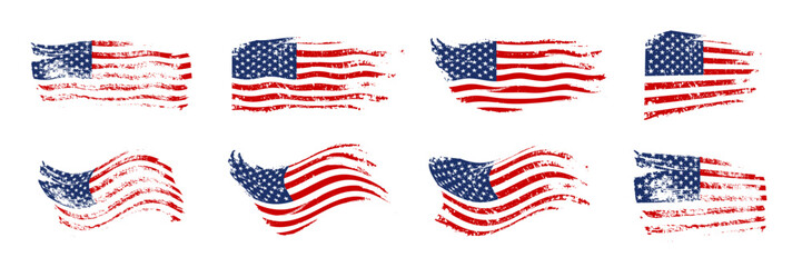 Grunge waving American flags set isolated on transparent background. Collection of vintage USA national symbols. Vector design elements.