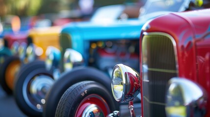 Defocused glimpse of colorful hot rods lined up at a bustling car exhibition.