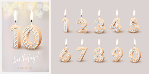 Birthday anniversary beige candles set template with number 10. Celebration birthday vector background. Beige wax numbers with candlelight on gray for party invitation, greeting card, poster, event.