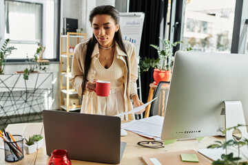A stylish young woman stands in a contemporary office, sipping coffee while examining her papers.