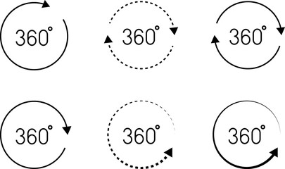 360 degrees icons set. Round signs with arrows rotation to 360 degrees. Rotate symbol isolated on transparent background illustration.