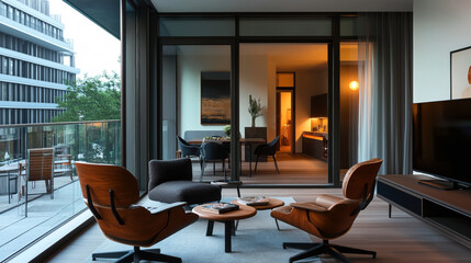 Modern open-concept living room with elegant wooden chairs and a large window offering a view of an urban landscape and a spacious balcony. Warm lighting provides a cozy ambiance.