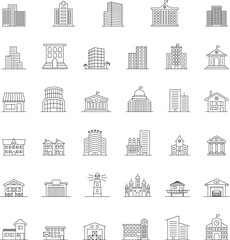 Buildings line icon set. Bank, library, school, courthouse, hospital, university, church, temple, office building, hotel, store, warehouse, farm, factory. Architecture concept. Office, city, real esta