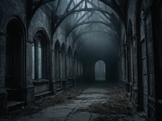 Fototapeta premium Gothic Abandoned Hallway with Arched Stone Architecture and Haunting Foggy Atmosphere