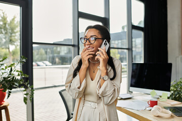 A young woman in glasses beams while talking on her phone in a bright office setting.