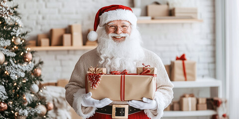 Cheerful Santa Claus holding wrapped presents in a cozy, festive setting, embodying the joyful spirit of Christmas with warmth and charm.