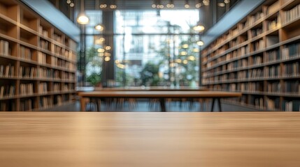 Empty tabletop with a blurred background of a cafeteria creates an ideal setting. This tabletop offers mockup space for product placement in a library or retail space.