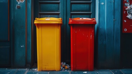 A close-up of a recycling bin next to a garbage bin
