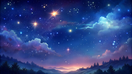 Fototapeta premium Starry night sky with vibrant stars and clouds over a tranquil landscape, magical atmosphere 