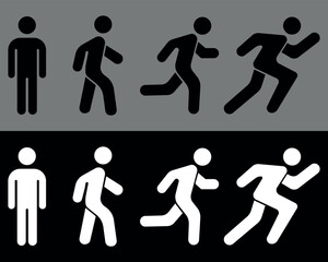 Collection of of Man stands, walk and run icon. Person standing, walking and running. Run, walk, stand. People symbol in fill shape. Vector illustration isolated on black and gray background.