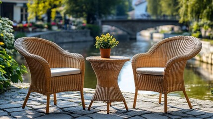 Obraz premium Two wicker chairs and a table on a patio by a canal.