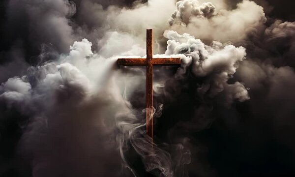 Wooden cross in smoke. A vibrant Ash Wednesday banner with an ash cross, highlighted by dramatic lighting effects.
