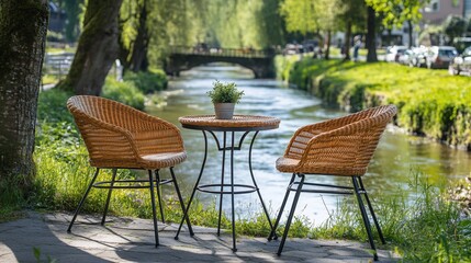Obraz premium Empty wicker chairs and table on a patio overlooking a river.