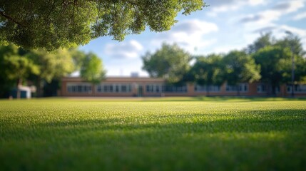 Obraz premium Blurred suburban school image with a tree line in the foreground, creating a serene atmosphere perfect for illustrating educational environments and community settings.