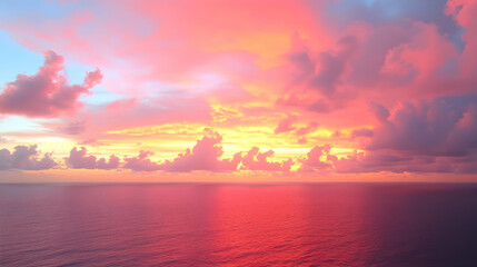 Obraz premium Vibrant sunset over a calm ocean with a red and pink sky.