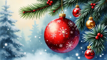 Fototapeta premium Hand-painted watercolor image of a red Christmas ball with holiday adornments
