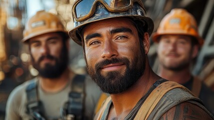 group of diverse construction workers standing united at a construction site, wearing safety gear, showcasing teamwork, strength, and dedication in a vibrant environment