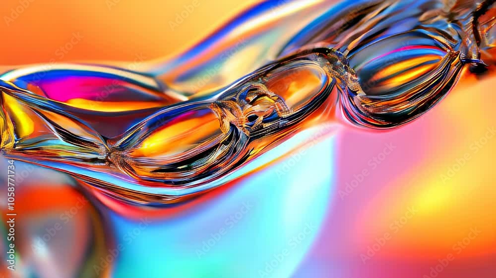 Poster fluid glass forms interact with light, creating a colorful and mesmerizing display of reflections an