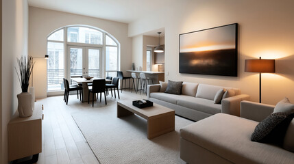 Modern living room with large window, cream sofa, black dining chairs, wooden coffee table, and a contemporary art piece on the wall. Ambient lighting and minimalist decor.
