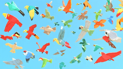 A flock of colorful origami birds flying in a bright blue sky.