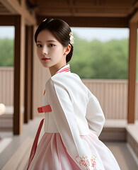 하얀 한복을 입은 한국여성