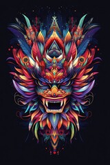 Fototapeta premium Detailed Full-Color Illustration of Balinese Demon Mask for T-Shirt Print, No Background, Vibrant Colors